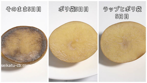 カットしたじゃがいもをそのまま5日間保存とポリ袋で5日間保存、ラップとポリ袋で5日間保存とを比較