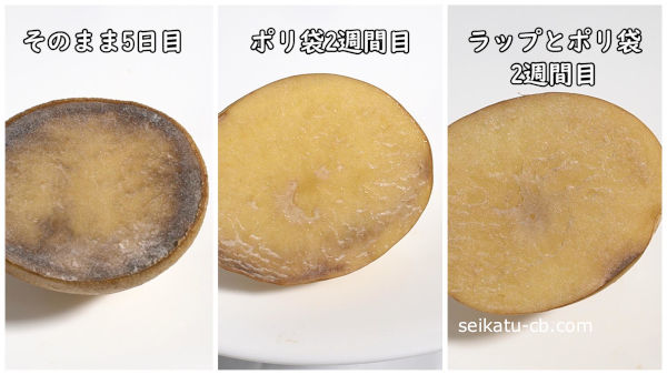 カットしたじゃがいもをそのまま5日間保存とポリ袋で2週間保存、ラップとポリ袋で2週間保存とを比較