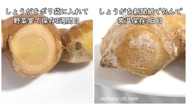 野菜室で保存したしょうがとポリ袋に入れて常温保存したしょうが
