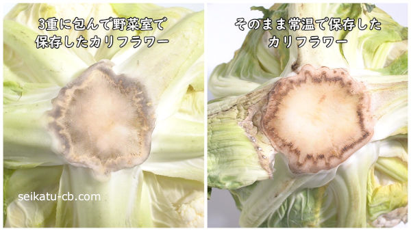 そのまま常温で保存したカリフラワーの芯1日目と2週間目