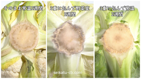 保存方法別のカリフラワーの芯の変化