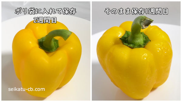 2週間目のポリ袋に入れて保存したパプリカと1週間目のそのまま保存したパプリカ