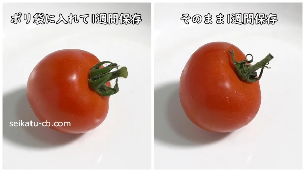 1週間そのまま保存したミニトマトとポリ袋に入れて野菜室で保存したミニトマトの違い