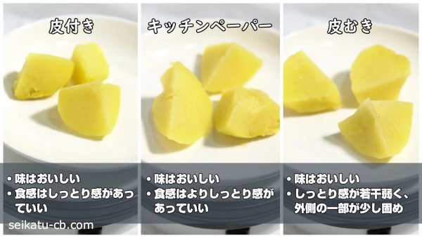 レンジで加熱した皮付き、キッチンペーパー、皮むきのじゃがいもの味や食感の違い