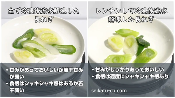 流水解凍したレンジで加熱して冷凍した長ねぎと生で冷凍した長ねぎの味や食感の違い
