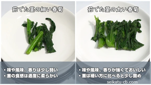 茹でた茎の細い春菊と太い春菊の味や食感の違い