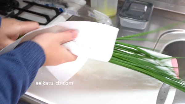 洗ったねぎの水分をキッチンペーパーで拭く