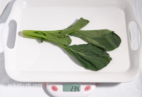 そのまま保存した2日目の小松菜の重さは23.4g
