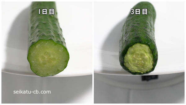 そのまま保存したカットしたきゅうりの断面1日目と3日目