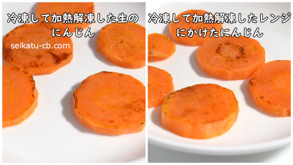 加熱解凍した冷凍した生のにんじんと加熱解凍した冷凍したレンジにかけたにんじんを比較