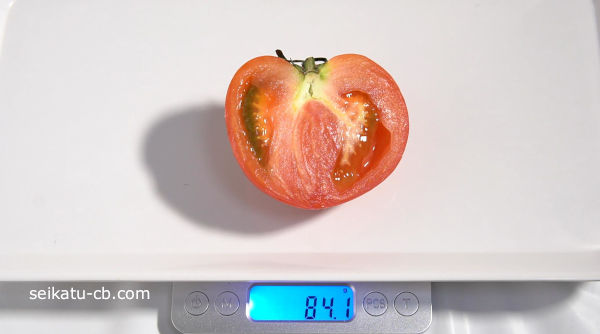 カットしたトマトをポリ袋に入れて野菜室で保存5日目の重さは84.1g