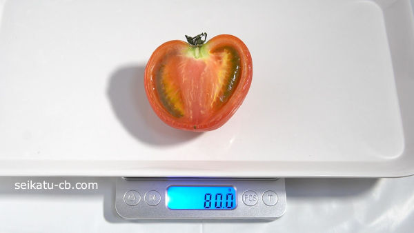 カットしたトマトをそのまま野菜室で保存3日目の重さは80.0g