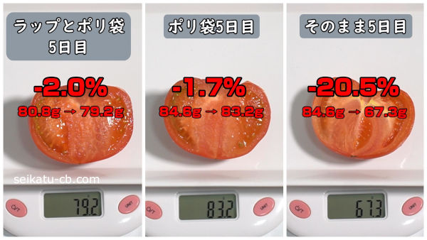 カットしたトマトのそれぞれの保存方法ごとの5日目の重さの変化を比較
