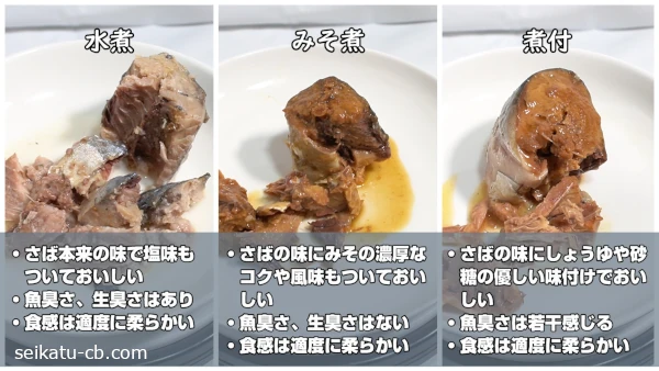 水煮とみそ煮と煮付のさば缶の味や食感の違い
